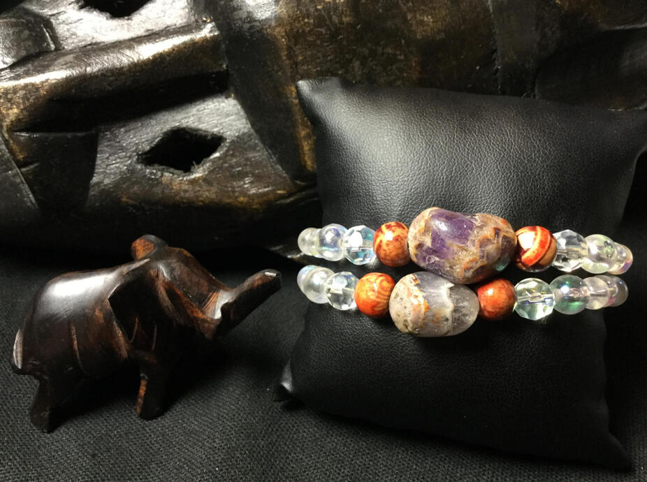 Swarovski Crystal, Printed Wood + Tumbled Amethyst Centerpiece