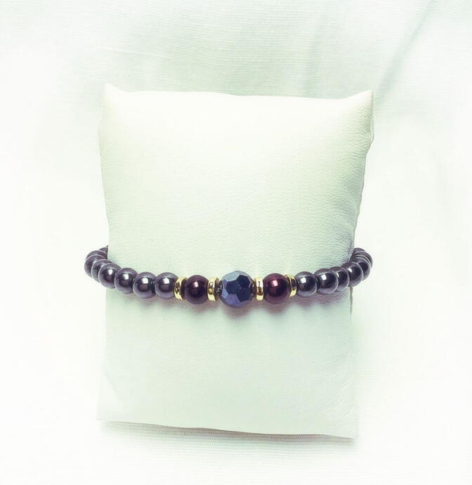 Hematite, Electroplated Burgundy Hematite, Gold + Swarovski Centerpiece