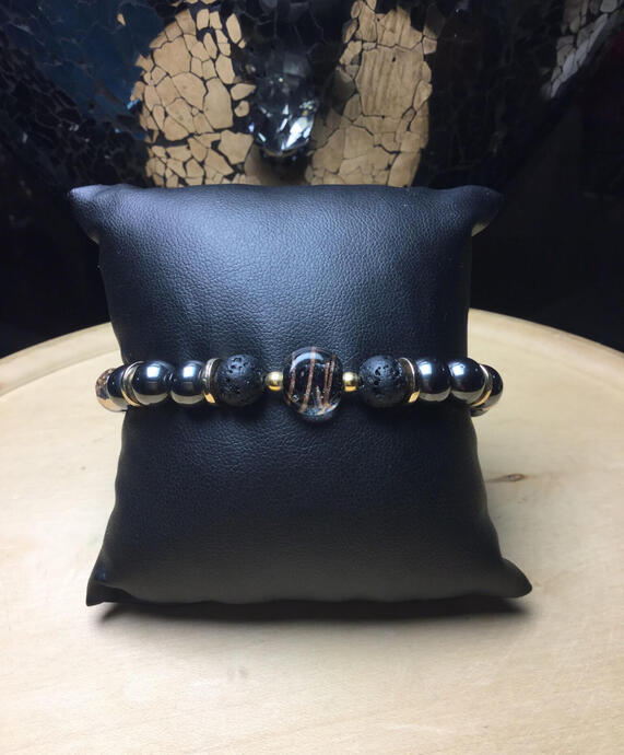 Lava, Brass, Hematite, Swarovski Crystal + Lampwork Centerpiece
