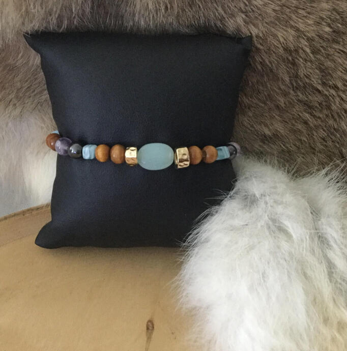 Wood, Amethyst, Hematite + Larimar