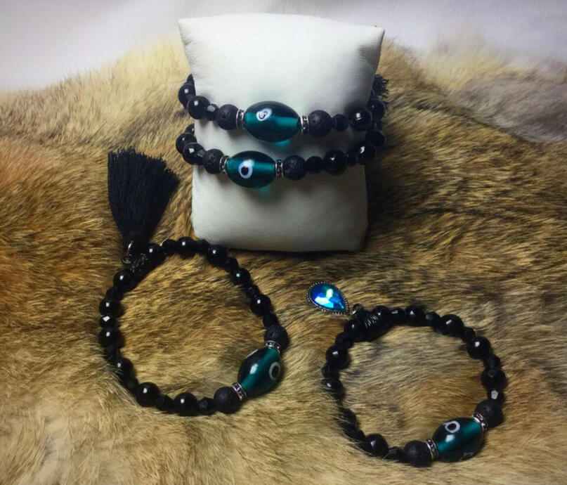 Black Onyx, Lava + Handblown Turkish Evil Eye Protection Bead